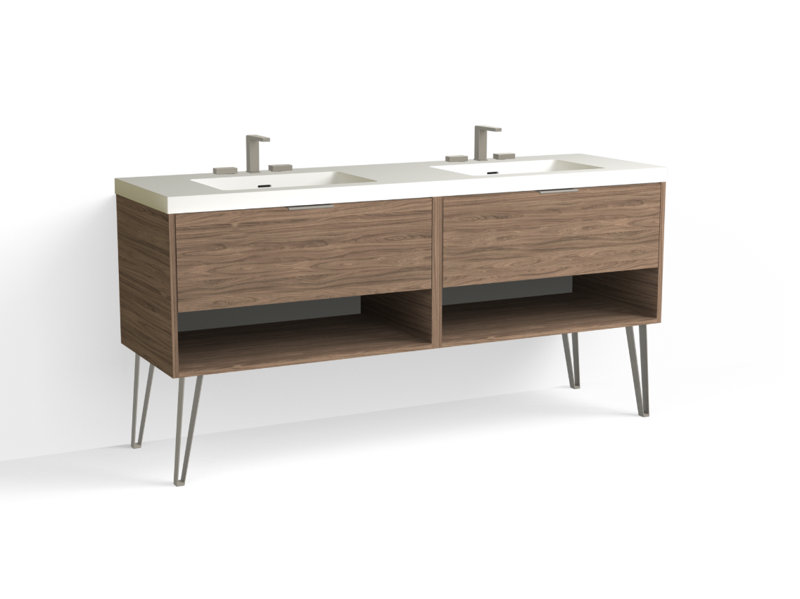 Modo 72" W Freestanding Double Bathroom Vanity with Dawson Leg, Matte White/8" Widespread, Nocino, Polished Nickel