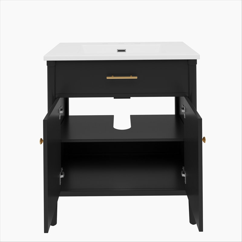 Meuble-lavabo 31 po avec lavabo, armoire de salle de bain avec portes à fermeture en douceur et tablette réglable, conception à profil courbé, pieds en bois d'hévéa, noir