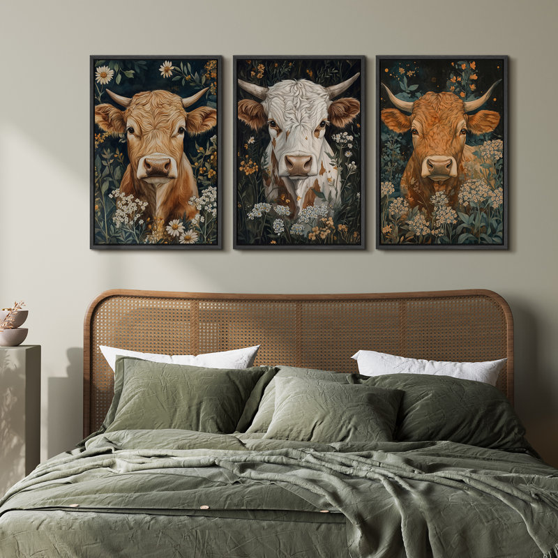 «Rustic Cow Portrait», art mural sur toile, ensemble de 3 animaux de la campagne, H 24 po x l 48 po, Noir