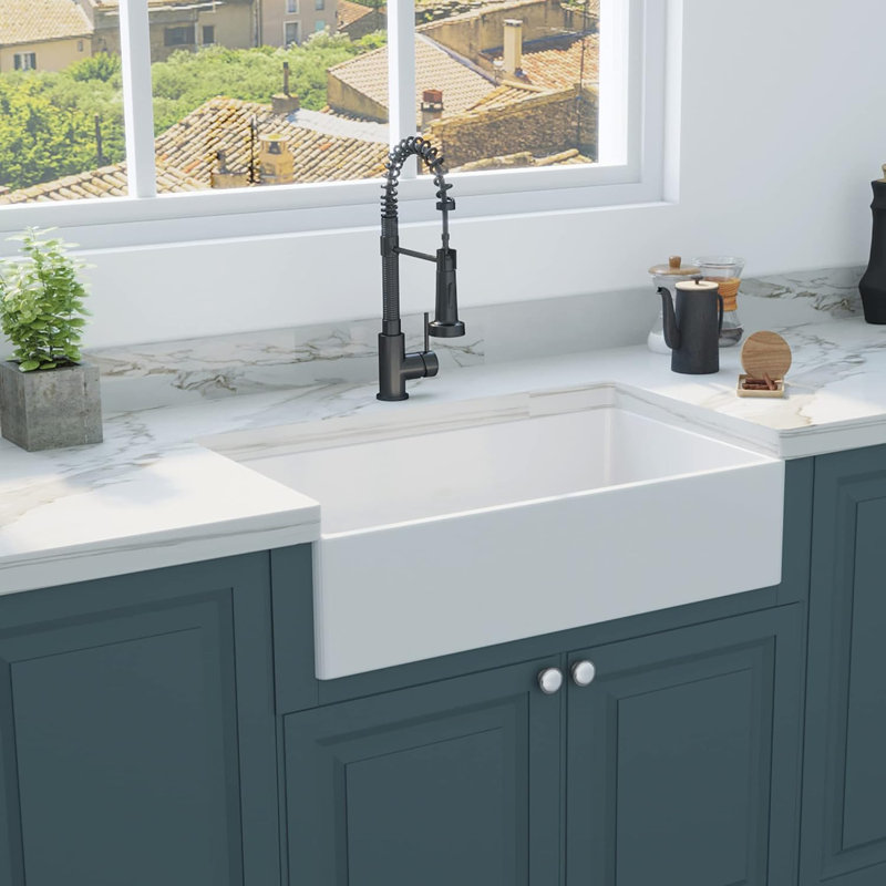 White Fireclay Farmhouse Sink, 33 Inch Apron Front Single Bowl Kitchen Sink With Grid And Strainer | Gift Idea