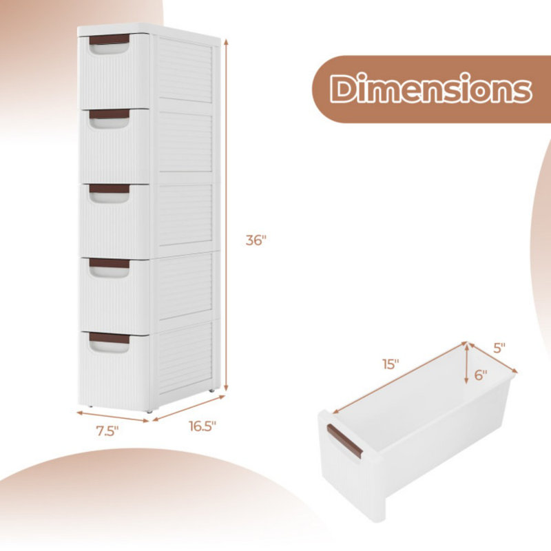 5-Drawer Rolling Organizer Unit Narrow Storage Cabinet with Built-In Wheels for Small Space