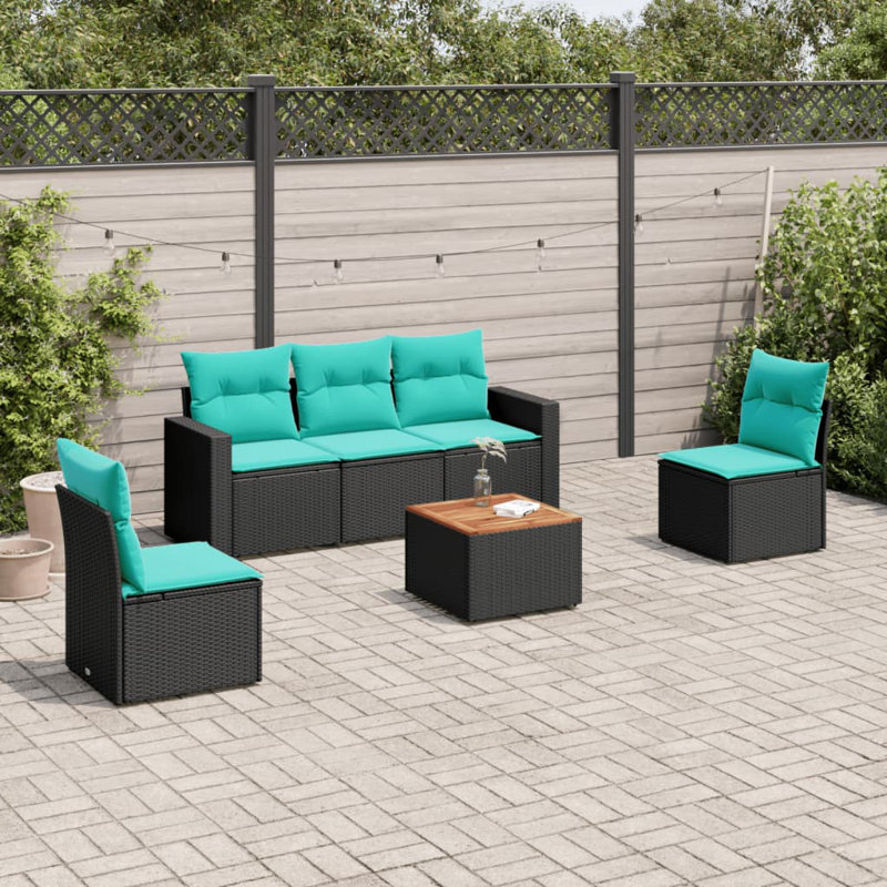 Ensemble de canapé de patio 6 pièces avec coussins en rotin de polyester, Bleu clair, Noir
