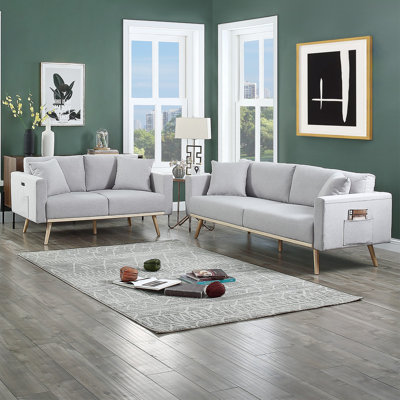 Ensemble de canapé-lit 2 pièces en tissu de lin avec ports de chargement USB et 4 coussins gris foncé