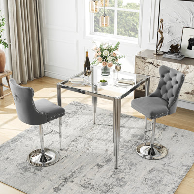 2-Person Square Glass Bar Table Set – 37" Tempered Glass Counter-Height Dining Table With Velvet Swivel Tufted Bar Stools, Modern Kitchen & Home Bar