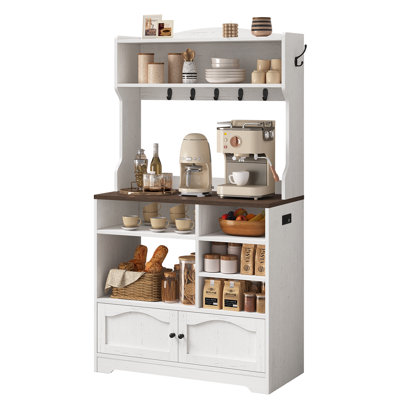 65.2" Farmhouse Coffee Bar Cabinet with Microwave Stand, Power Outlet and Hooks for Kitchen, Coffee Bar