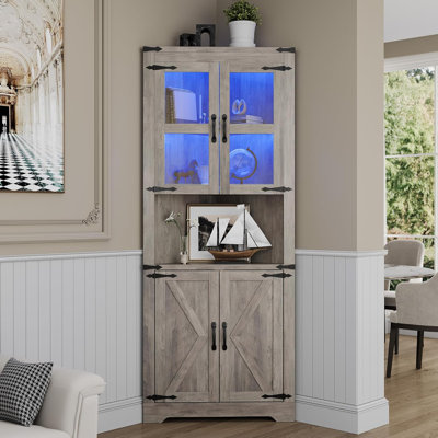 Armoire de coin Farmhouse avec lumières, porte en verre, tablettes réglables, grand rangement, gris