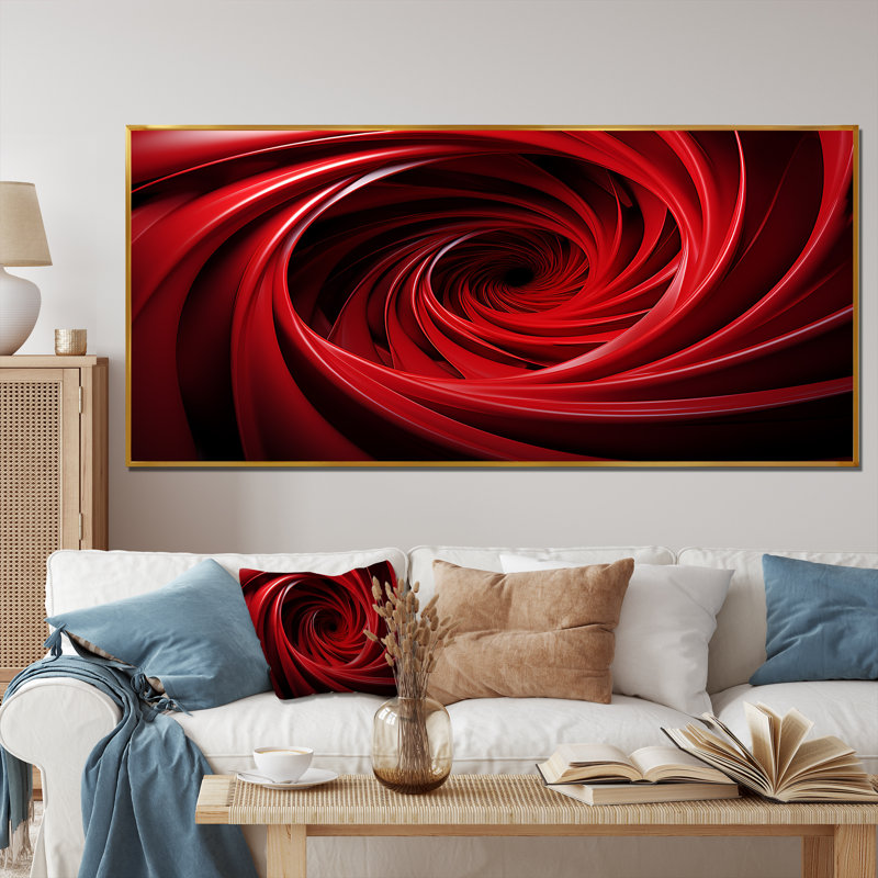 «Red and Black Abstract Spiral Dreamscape» - Art mural spirales abstraites, Cadre flottant doré, H 28 po x l 60 po x P 1,5 po