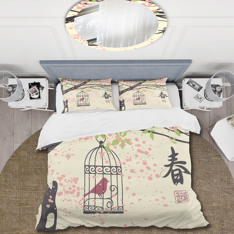 Ensemble de housse de couette cerisier en fleurs avec oiseau rose et signe chinois - traditionnel en polyester