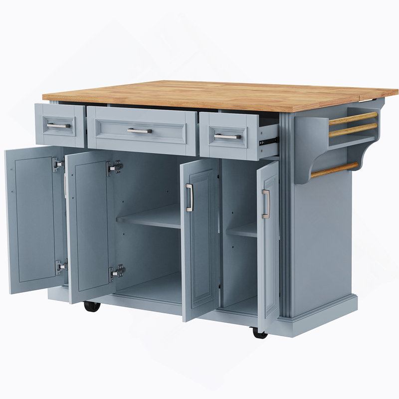 Grand îlot de cuisine de 54 pouces avec abattant en bois d'hévéa, chariot de cuisine à roulettes en relief sur 4 roues avec 4 portes et 3 tiroirs, îlot de cuisine avec rangement pour la cuisine, salle à manger, gris-bleu