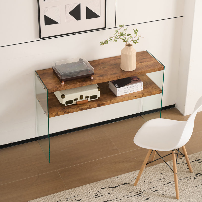 Console polyvalente en panneau de fibres à densité moyenne avec verre trempé noyer, idéale pour de multiples réglages et diverses fonctions