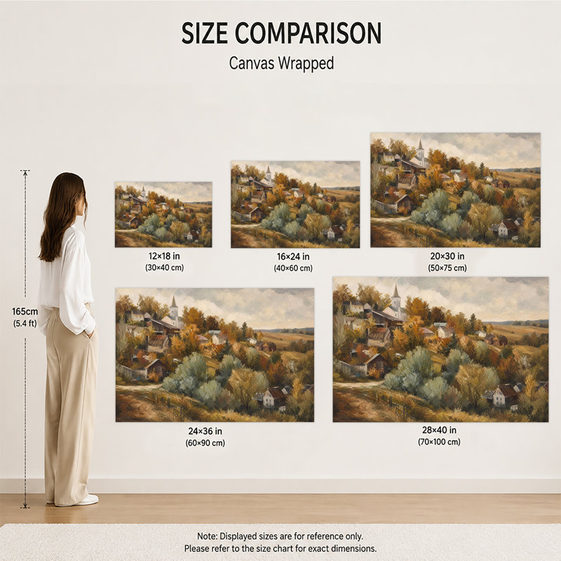 Tableau sur toile vintage représentant un paysage champêtre d'automne avec une église et un village, idéal pour la décoration de ferme.