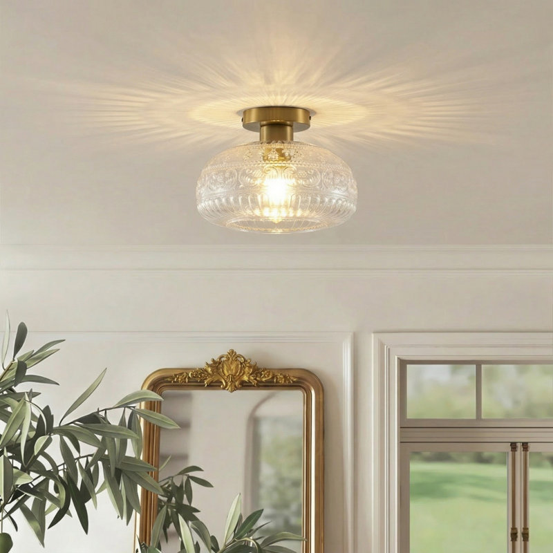 Plafonnier semi-encastré en verre gaufré à 1 lumière 11 po Moncia, Laiton poli
