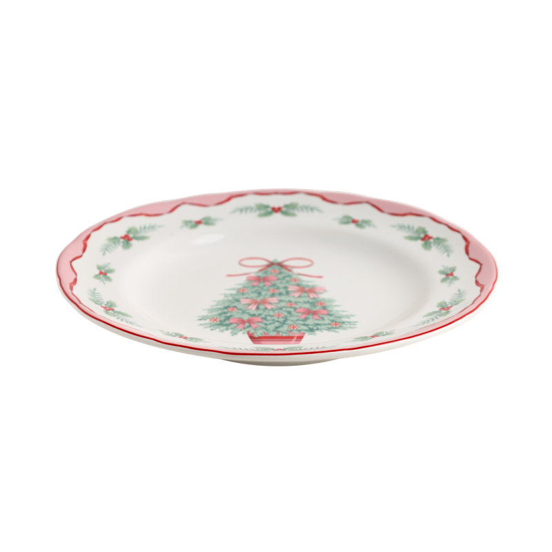 Ensemble de vaisselle en porcelaine 12 pièces 222 Fifth 222 pour 4 charmantes assiettes et bols roses et blancs avec arbre de Noël vert festif, magnifique ensemble de vaisselle pour les Fêtes et cadeaux, plats en céramique