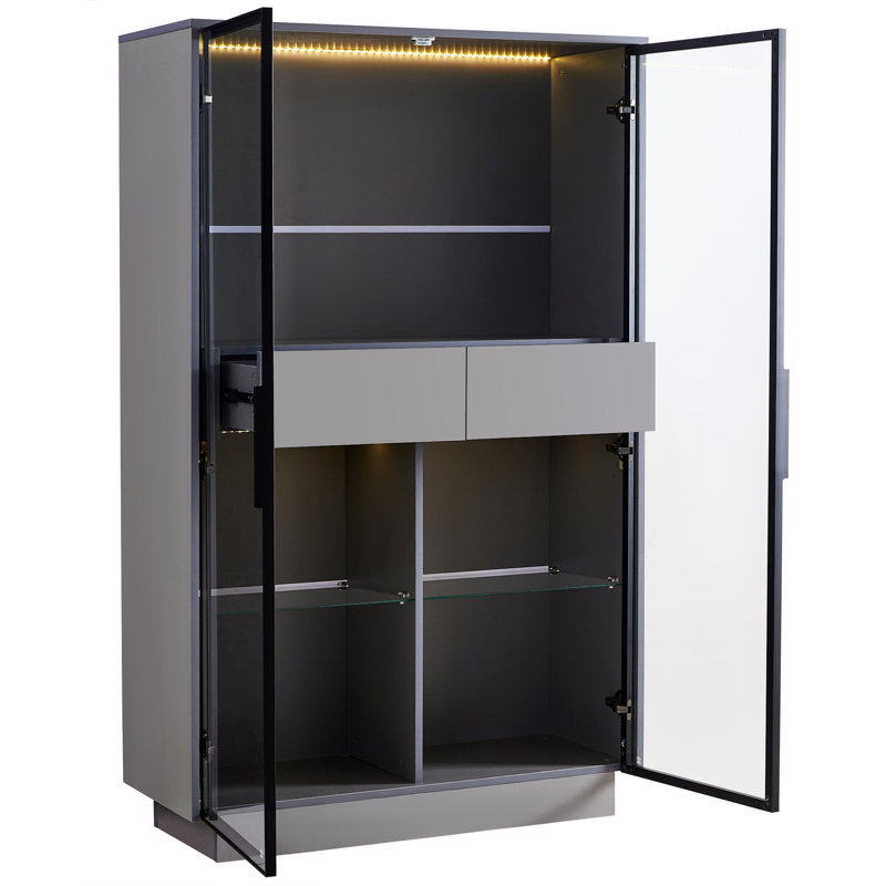 60.6'' Freestanding Glass Door Display Cabinet, Bookcase With 2 Storage Drawers, Pantry With LED Lighting And Adjustable Shelves, For Hallways, Kitchen, Livingroom & Office - Grey