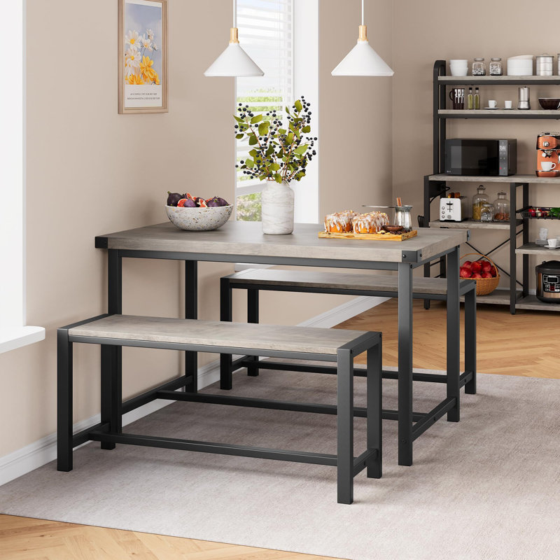 Gray Metal and MDF 3-Piece Dining Table Set with Upholstered Benches