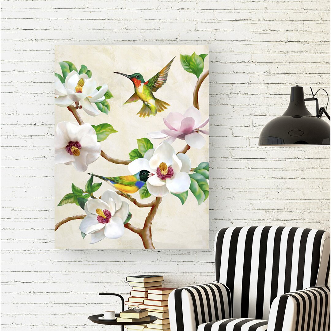 Gerahmtes Leinwandbild - Gemälde „Magnolia and Birds” von Terry Wang