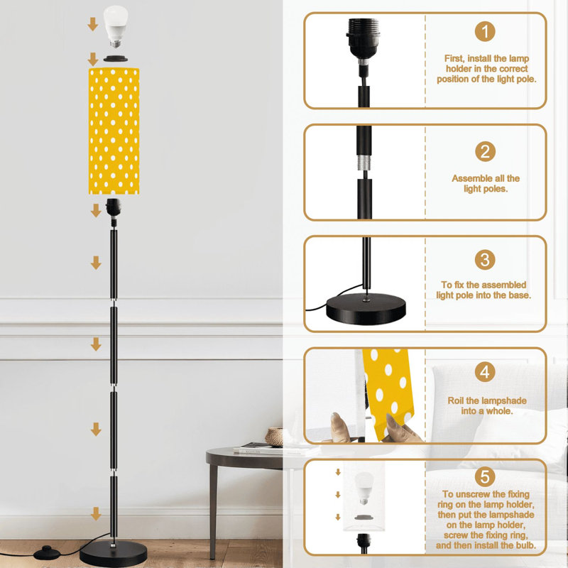 Lampe sur pied à carreaux blanc à pois moderne à intensité variable avec télécommande et pédale, abat-jour, abat-jour haut, lampe de coin pour le salon, la chambre et le bureau