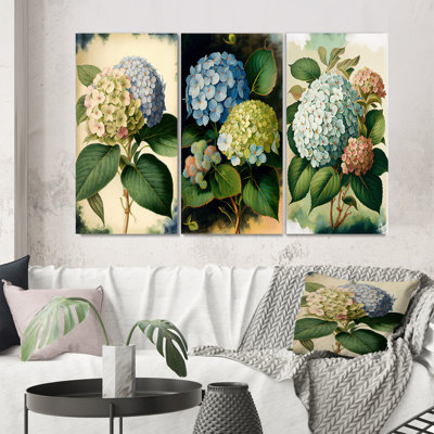 «Blue Retro Hydrangena», 3 pièces sur toile