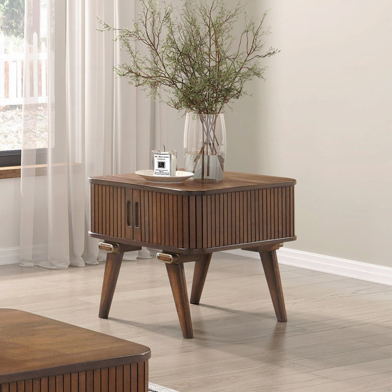 Table de bout avec rangement 1pc et finition noyer avec portes tambour