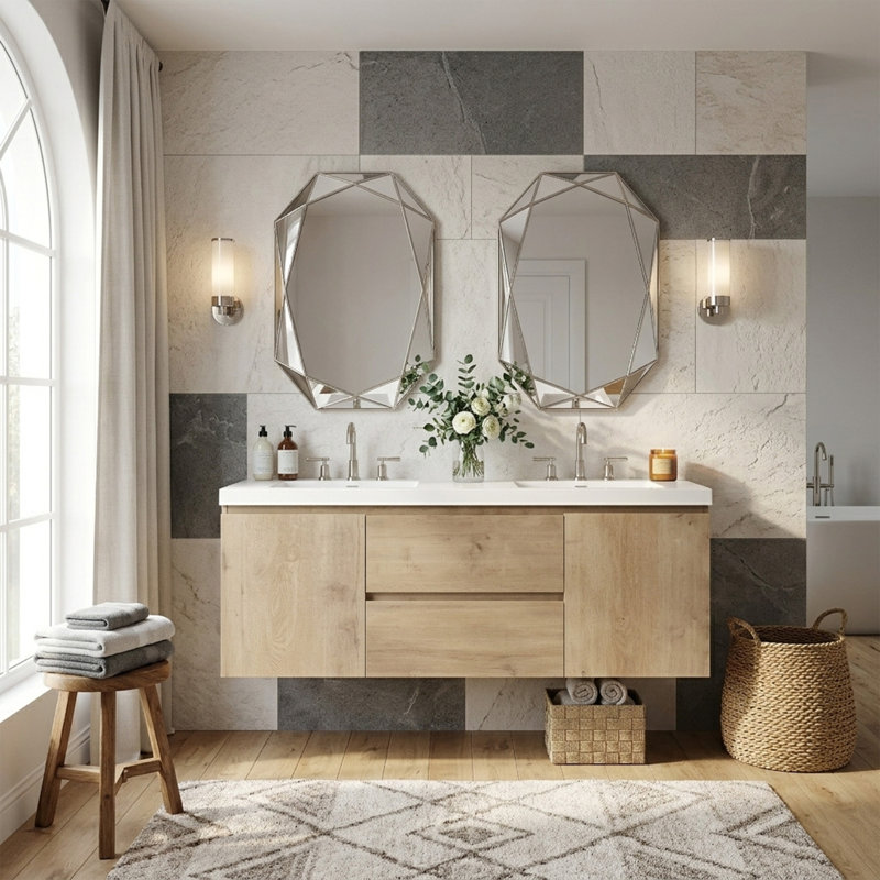 Meuble-lavabo double 59,3 po avec plateau SMC, tiroirs divisés, fixation murale, grande salle de bain
