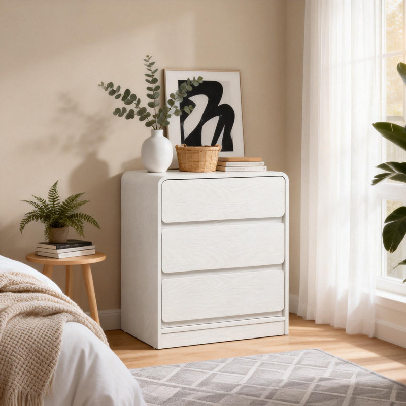 3-Drawer Nightstand，23.6" Wide End Table, White