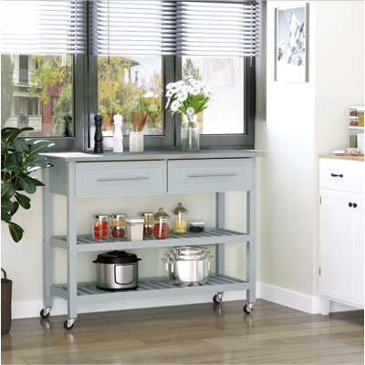 Îlot de cuisine avec plateau en acier inoxydable, îlot de cuisine traditionnel avec rangement, tablettes ouvertes à 2 niveaux, tiroirs