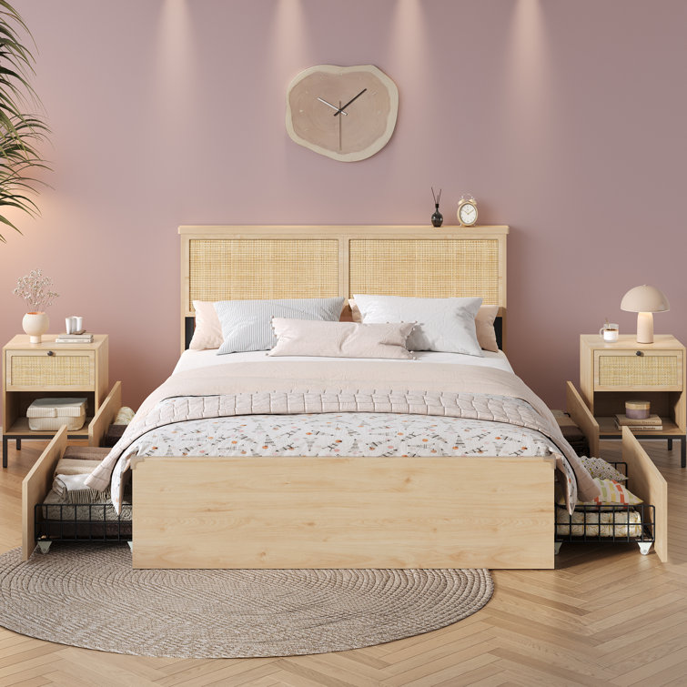 Brafab Natural Rattan Queen Bed Frame with Wooden Headboard and 4 Storage Drawers, Boho Cane Bed Metal Platform Bed with Strong Wooden Slat Mattress