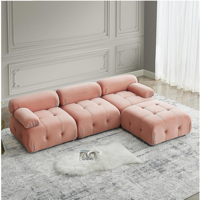 Canapé modulaire modulaire, capitonnage à boutons et bricolage, canapé en L avec repose-pieds réversible, velours rose