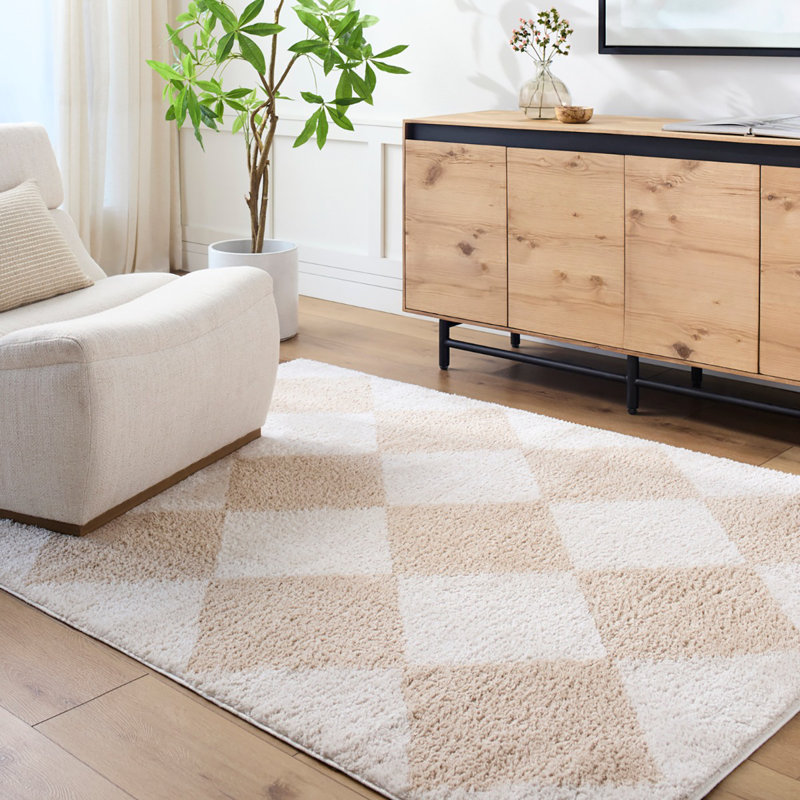Beige Modern Washable Shaggy Rug, Chequered Anti-Slip Rug For Living Room, Dining Room, Bedroom, Kitchen