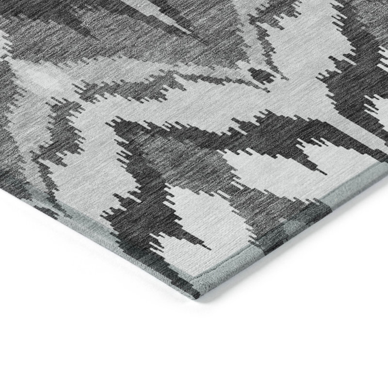 Tapis intérieur / extérieur gris lavable en ikat argenté 10 pi x 14 pi