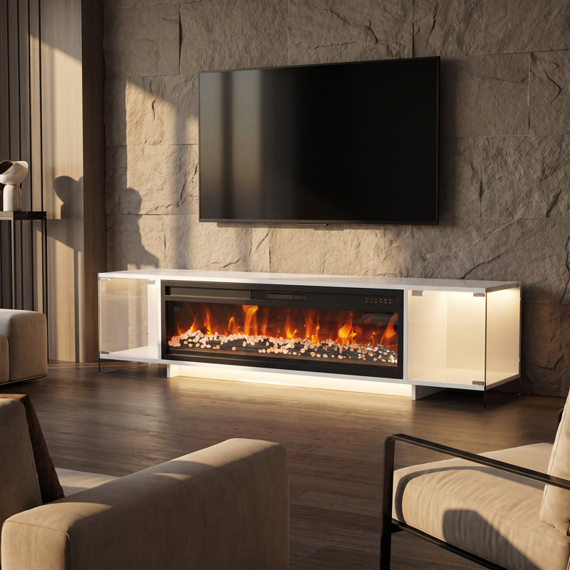 Meuble télé blanc lustré de 180 cm avec foyer électrique de 117 cm, portes vitrées et éclairage d'ambiance, White