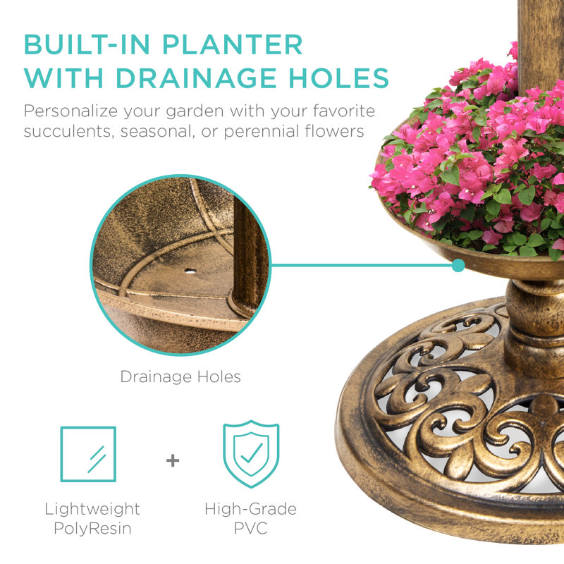 Bronze Solar Lighted Pedestal Bird Bath with Planter