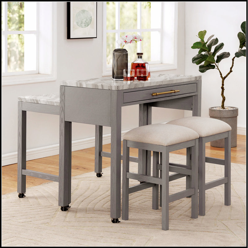 Ensemble de salle à manger à hauteur de comptoir rustique 3 pièces avec plateau en faux marbre, tiroir de rangement et 2 tabourets gris clair pour les maisons modernes et traditionnelles