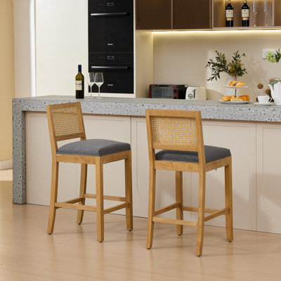 Full Solid Wood Rattan-Back Bar Stool, Matte Linen Cushion With High-Resilience Foam & S-Springs, Ideal For Rustic/Natural Style Kitchen Island, Low Bar In Dining Room & Café,Set Of 2,Grey