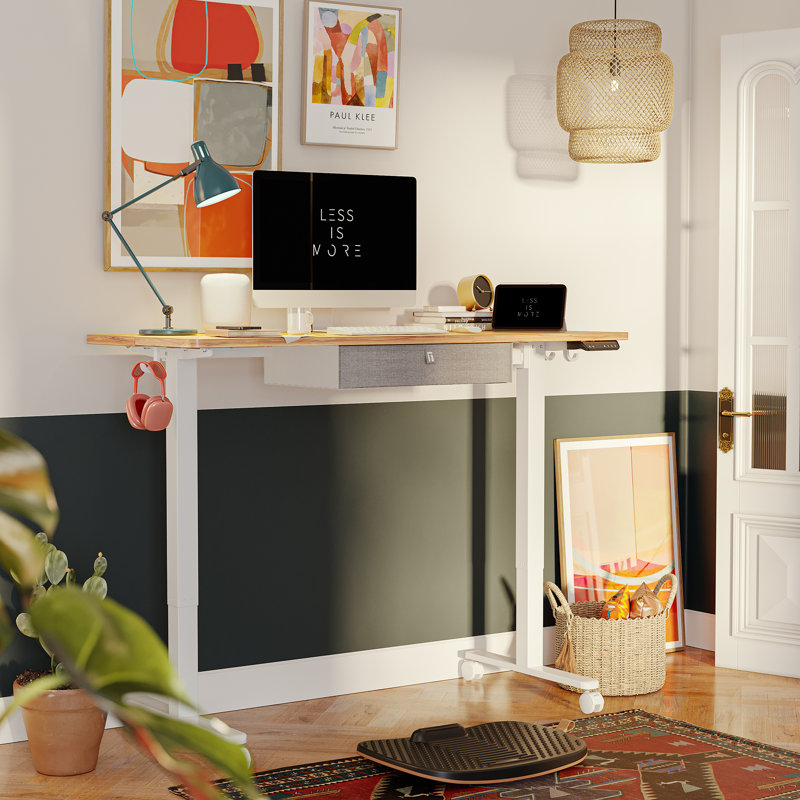 Bureau debout à hauteur ajustable avec tiroir, Rustique clair / blanc, H 27 po x l 63 po x P 24 po