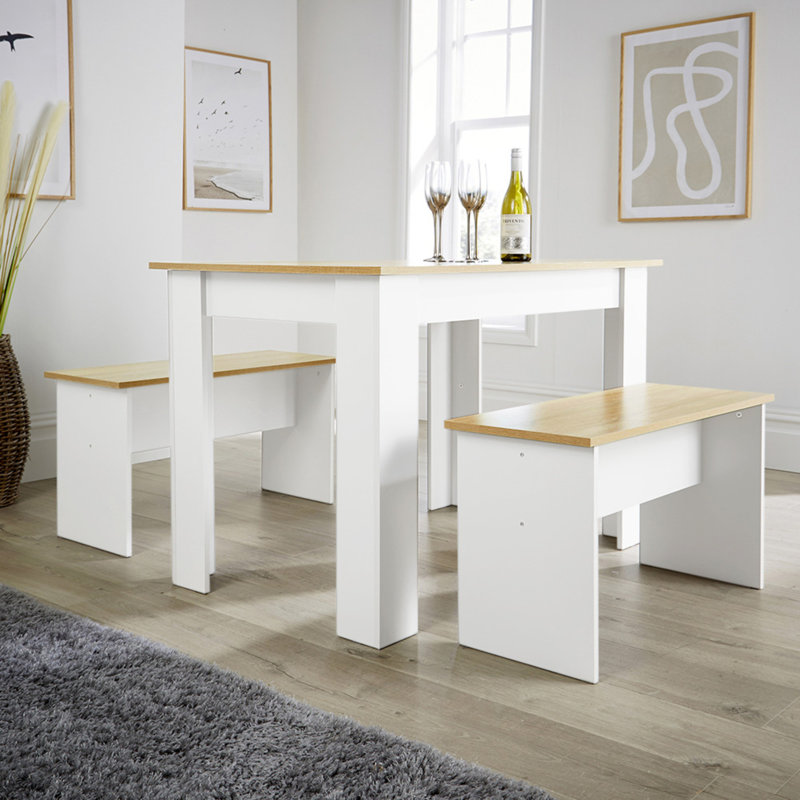 Dining Set Table Benches Wooden Unit Kitchen Furniture Seats 4 Two Tone, White