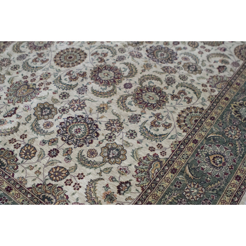 Tapis crème et vert noué à la main de haute qualité