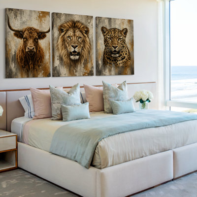 3 Pieces Exculisive Bull Lion and Leopard Portraits Large Wall Art Wildlife Triptych Panorama Canvas, Canvas Decor for Living Room, Bedroom and Office