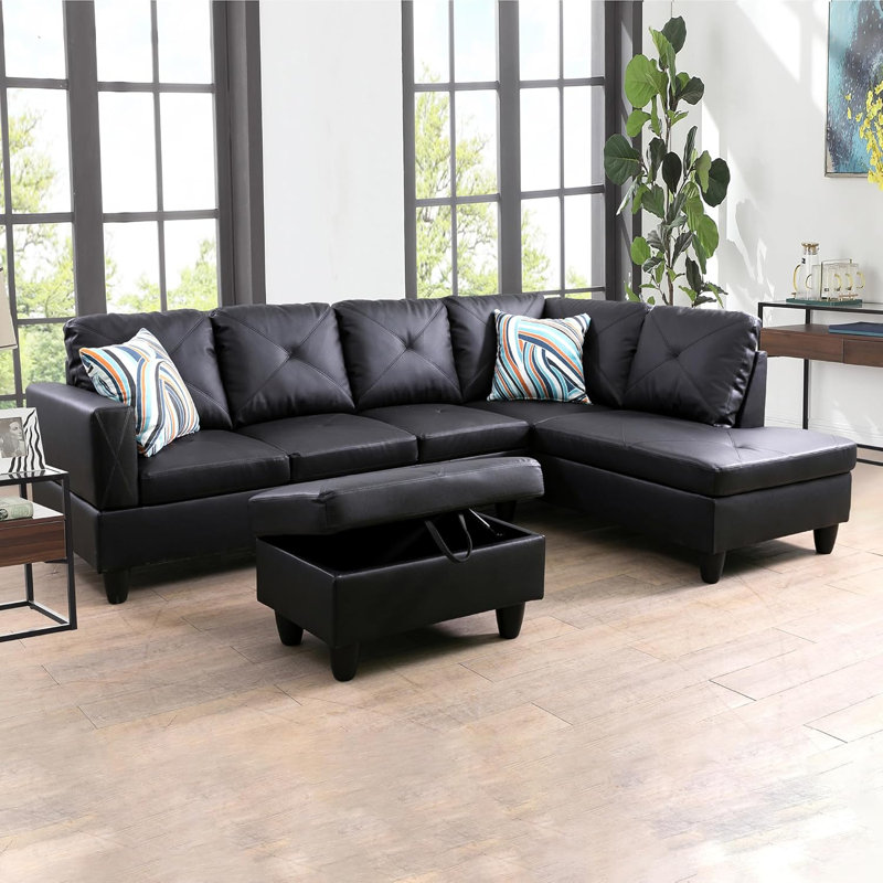 3-Piece Black Faux Leather Modular Sectional Sofa, Right Hand Facing