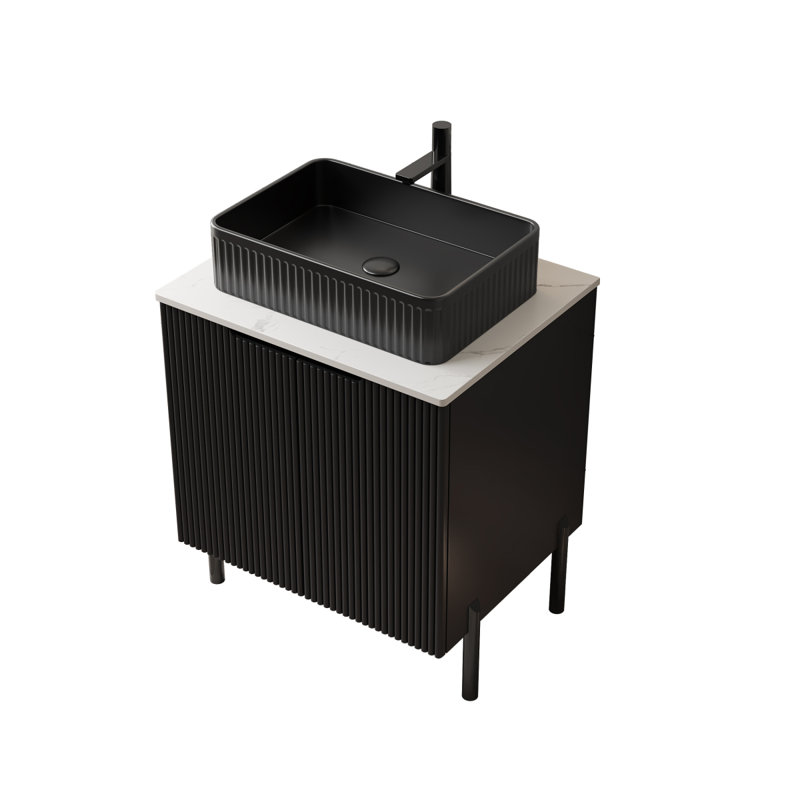 Meuble-lavabo autoportant avec 2 portes, lavabo en céramique noir et comptoir Carrara blanc