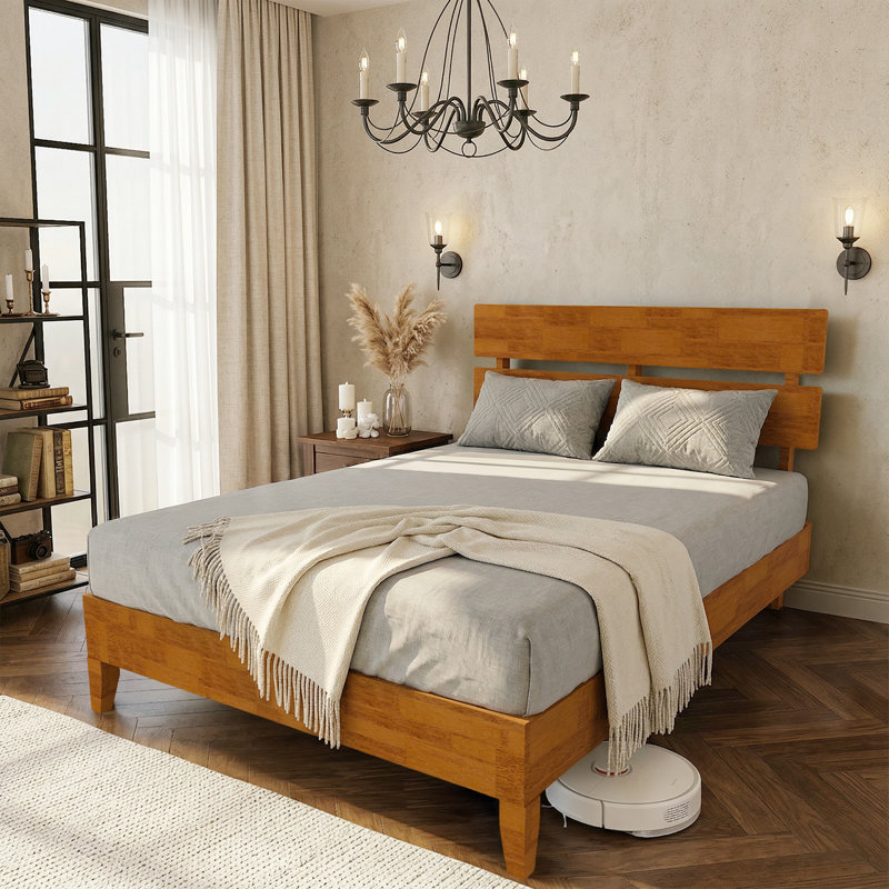 Solid Wood Platform Bed Frame , Full Bed Frame With Headboard Included, Mid Century Modern Bed, Caramel, Full, Brown