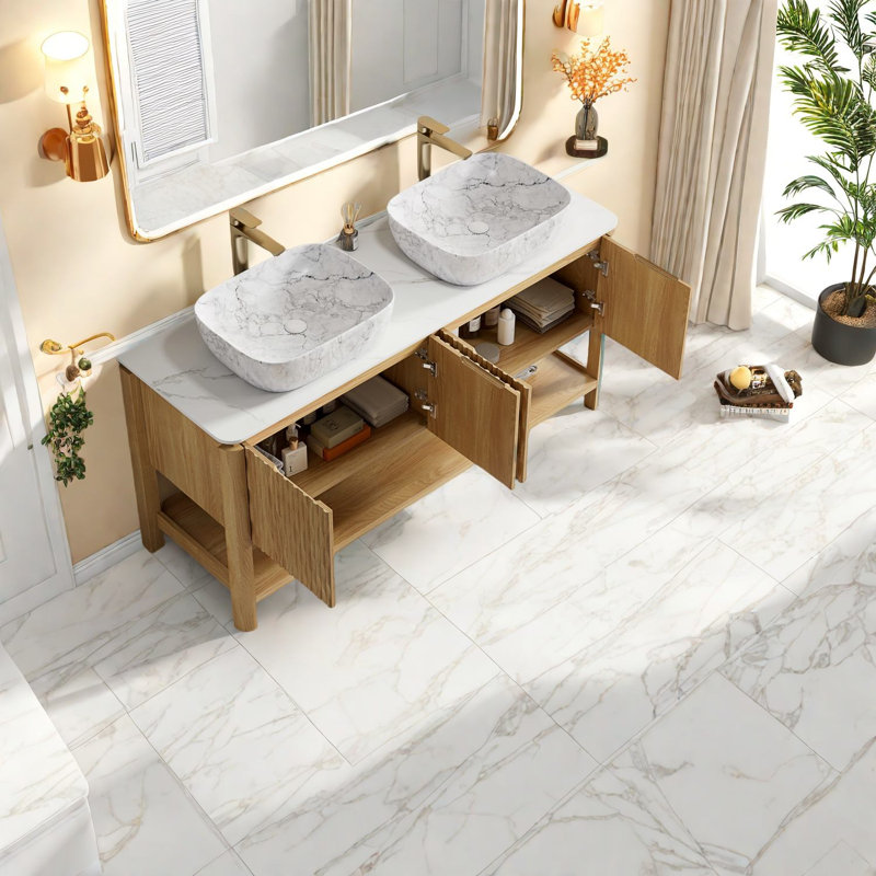 Élégante coiffeuse de 60 po avec lavabo, rangement moderne en grain de bois et plateau en marbre