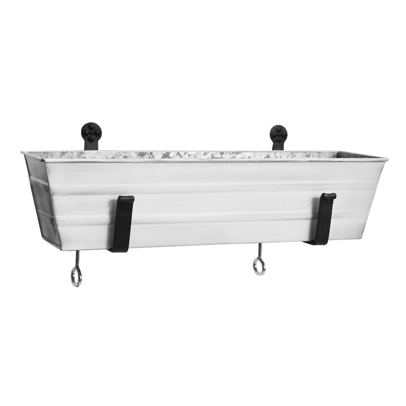 Medium White Galvanized Steel Flower Box with Black Brackets