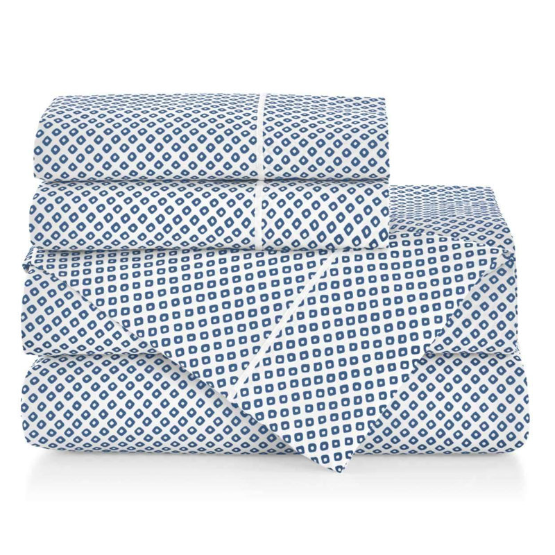 Emma 300 Thread Count Geometric 100% Cotton Sateen Sheet Set, Queen Sheet Set + 2 Pillowcases, Blue