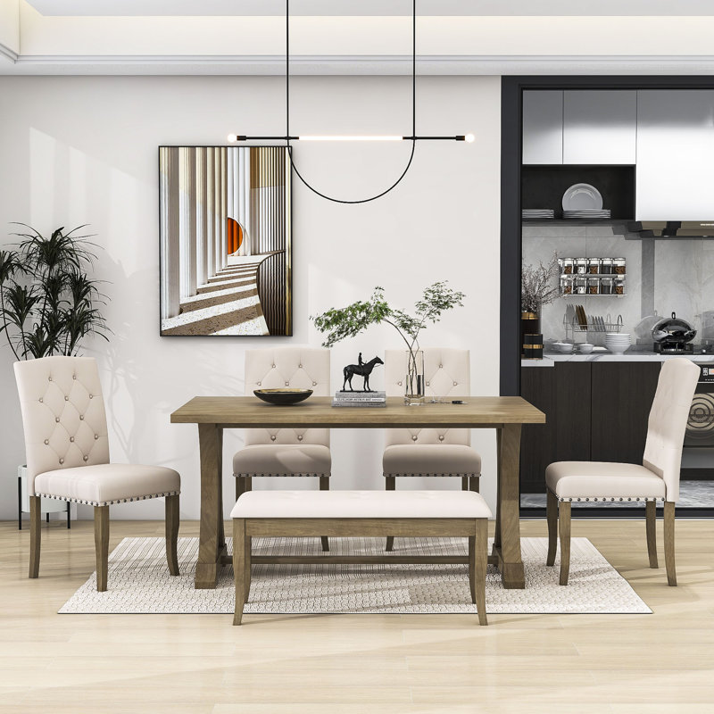 Tunnelhill 6-Piece Dining Set, Spacious Table with 4 Cushioned Chairs and Comfortable Bench, Natural Wood Wash