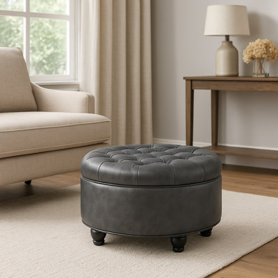 Repose-pieds avec rangement Gery, plateau rond de 25 po, similicuir gris foncé
