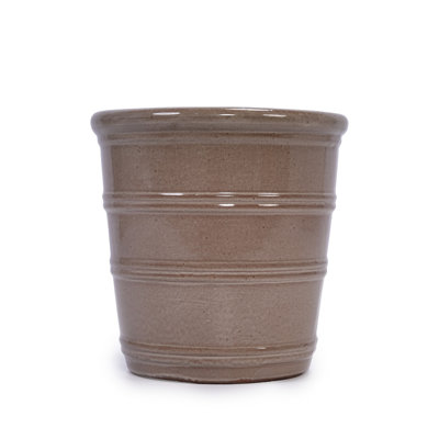 Handmade Ceramic Planter Set Of 3, 16"/13"/10" Diameter, Taupe With Horizontal Rings, For Succulents & Herbs, Indoor/Outdoor Use On Windowsill & Shelf, Breathable Clay