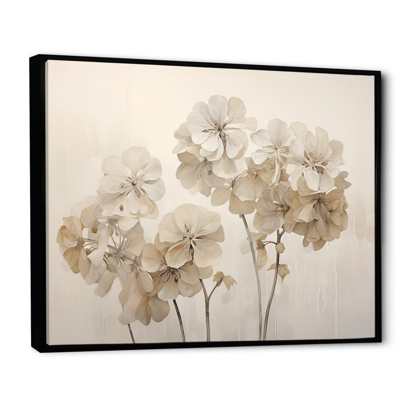 «Minimalisme géraniums beige I» sur toile, Cadre flottant noir, H 34 po x l 44 po x P 1,5 po