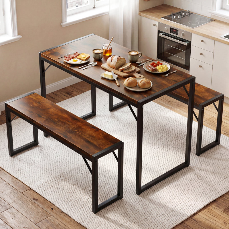 MAXLEAD Space-Saving Dining Table Set with 2 Benches, Dark wood
