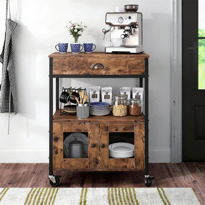 Adjustable Height Industrial Kitchen Cart on Wheels with Solid Wood Table Top, Storage Cabinet & Drawer - Mobile Kitchen Island